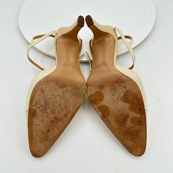 Celine Women Size EU 37.5 US 7 Cream Tan Pointed Toe T strap Heel Pump Sandal - Picture 10 of 16